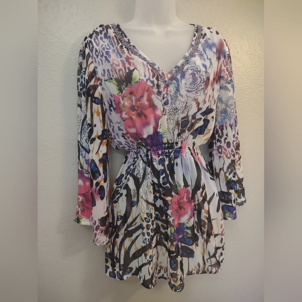 Boston Proper Mixed Print Beaded V-Neck Tunic Top - Size L - Boho Animal Floral - Picture 2 of 14